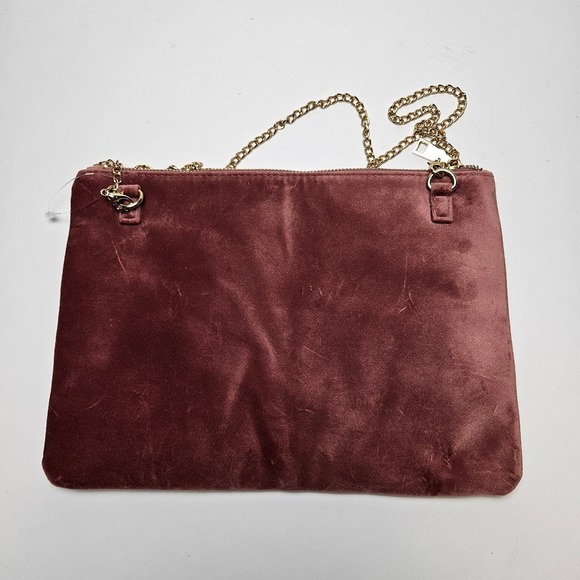 Embroidered Velvet Zip Top Pouch Purse Chainlink Shoulder Strap Mauve Pink - Picture 3 of 7